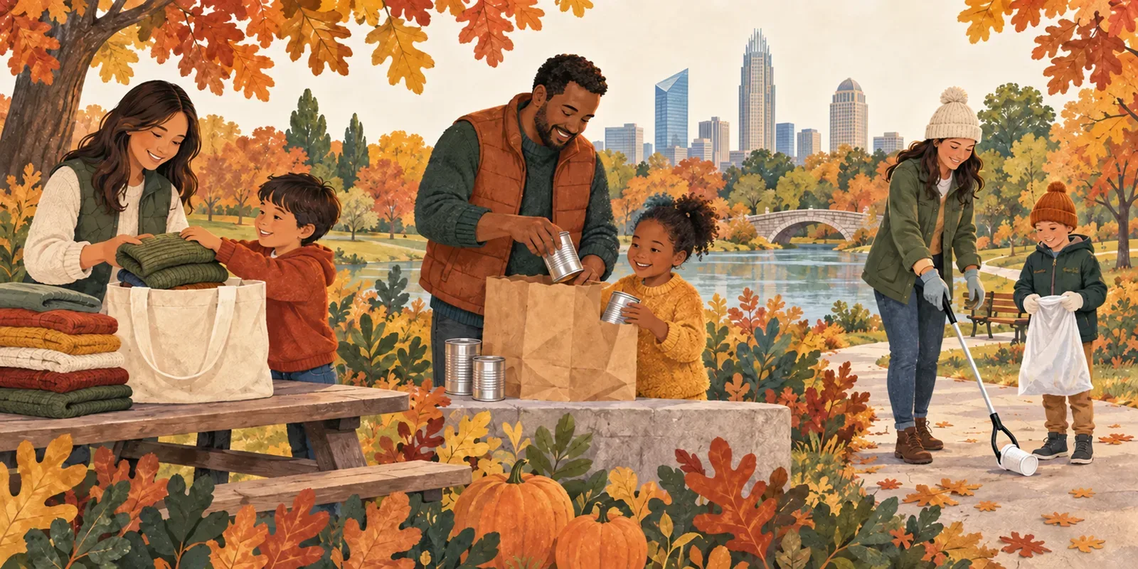 Illustration of families sharing clothes, packing food donations, and cleaning up a park beneath autumn trees, with Charlotte’s skyline in the distance.
